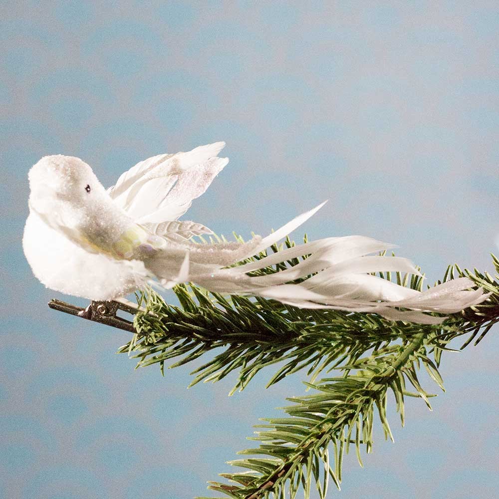Julepynt- Fugl- Hvid- Lang hale
