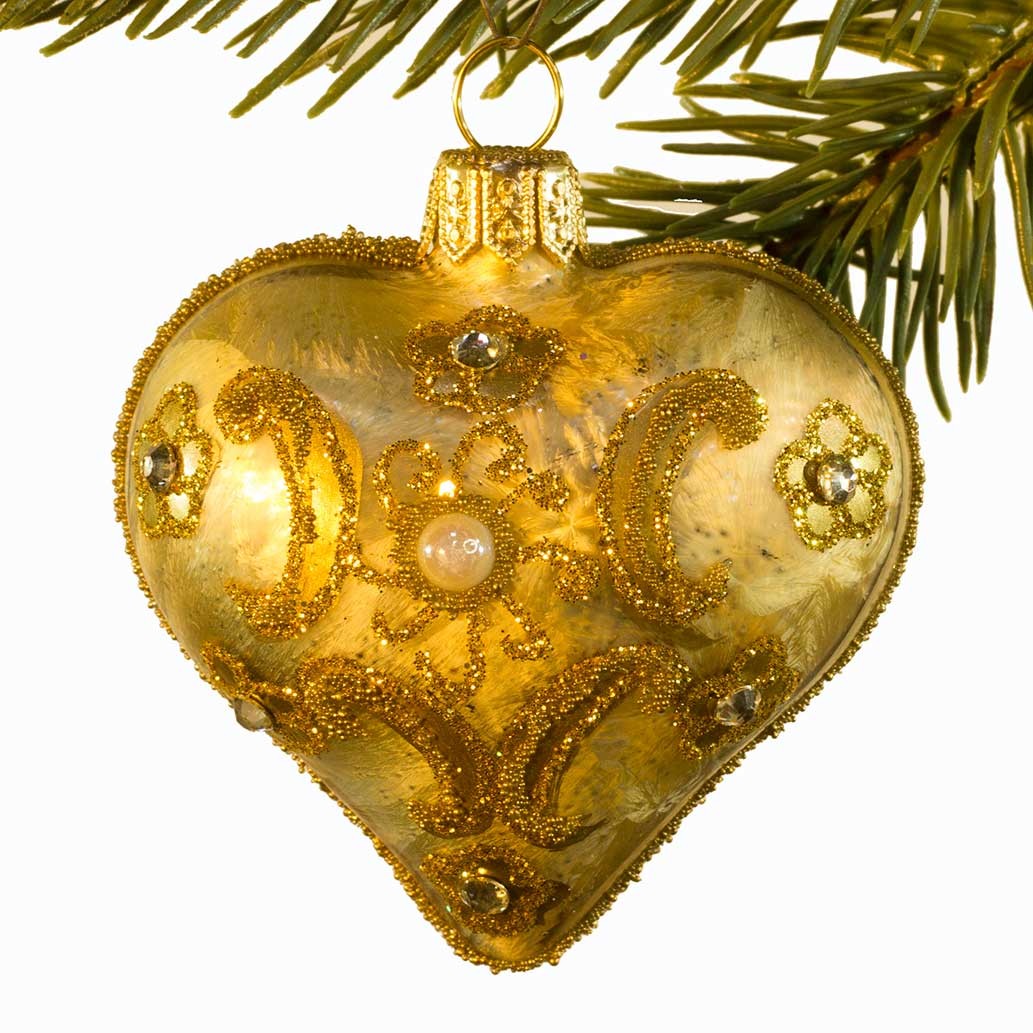 Glaskugle- Fabergé hjerte- Guld- Ornament