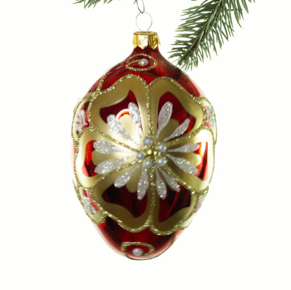Glaskugle- Fabergé æg- Stort- Rødt- Stor blomst med perler